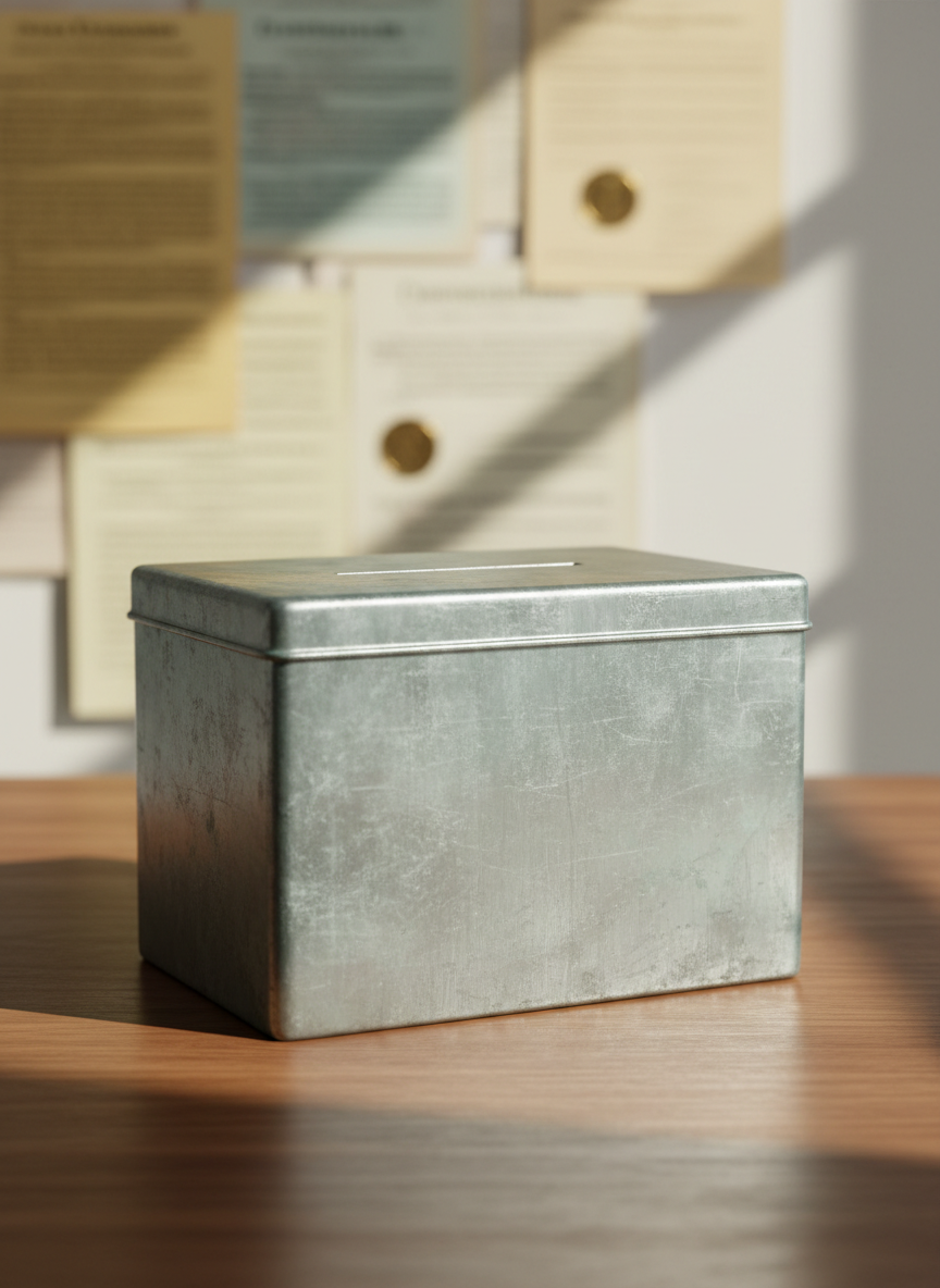 A weathered ballot box crafted from brushed metal, its surface etched with faint scratches and subtle patina. It sits prominently on a meticulously varnished walnut table, framed by a blurred background of constitutional texts and faded legal documents. Overhead, a soft, diffused daylight beam pours through an unseen window, picking out the metallic sheen and casting delicate reflections, evoking transparency and integrity. The image is captured in a centered, eye-level composition, with crisp focus on the ballot box and gentle bokeh behind. The atmosphere conveys seriousness, clarity, and the enduring foundations of democratic participation, with a minimalist, modern aesthetic aligning with the site’s mission.