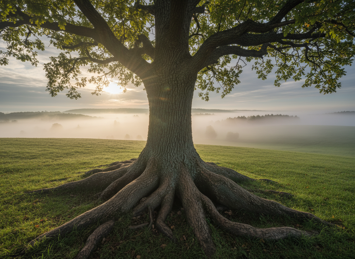 A dignified, aged oak tree with deeply textured bark and strong, wide-spreading roots, symbolizing the resilience of democracy. The tree stands alone atop a gently sloping grassy hill that overlooks an expansive, mist-shrouded landscape. Soft, early morning light filters through swirling low clouds, highlighting the intricate veins of each leaf and casting gentle, elongated shadows beneath the roots. The mood is contemplative, quietly powerful, and hopeful. Shot from a ground-level perspective with a sharp foreground focus but a slightly blurred, atmospheric background, the composition balances strength and vulnerability. The artistic style is clean, modern, and subtly majestic, lending gravity and relevance to the theme of democracy under threat.